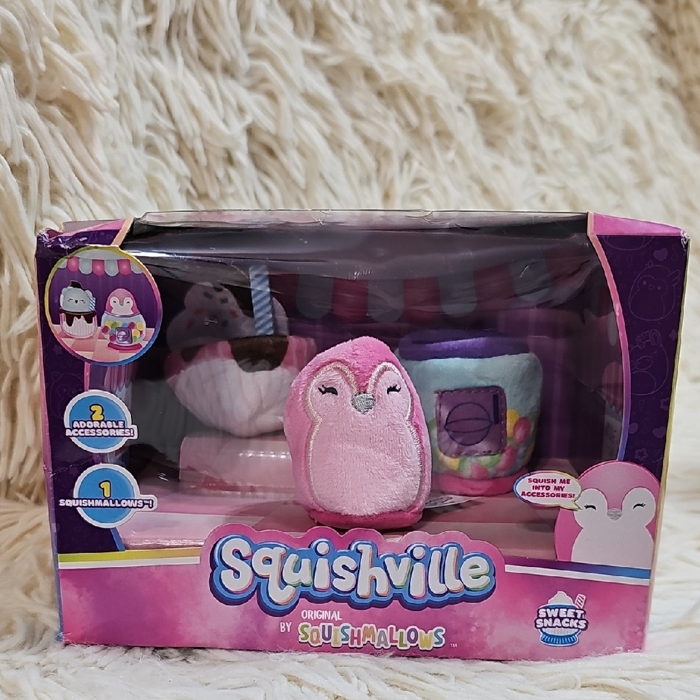 Squishmallows Squishville Pink Penguin 🍨 Sweet Snacks 🍨 Set Plush Toy